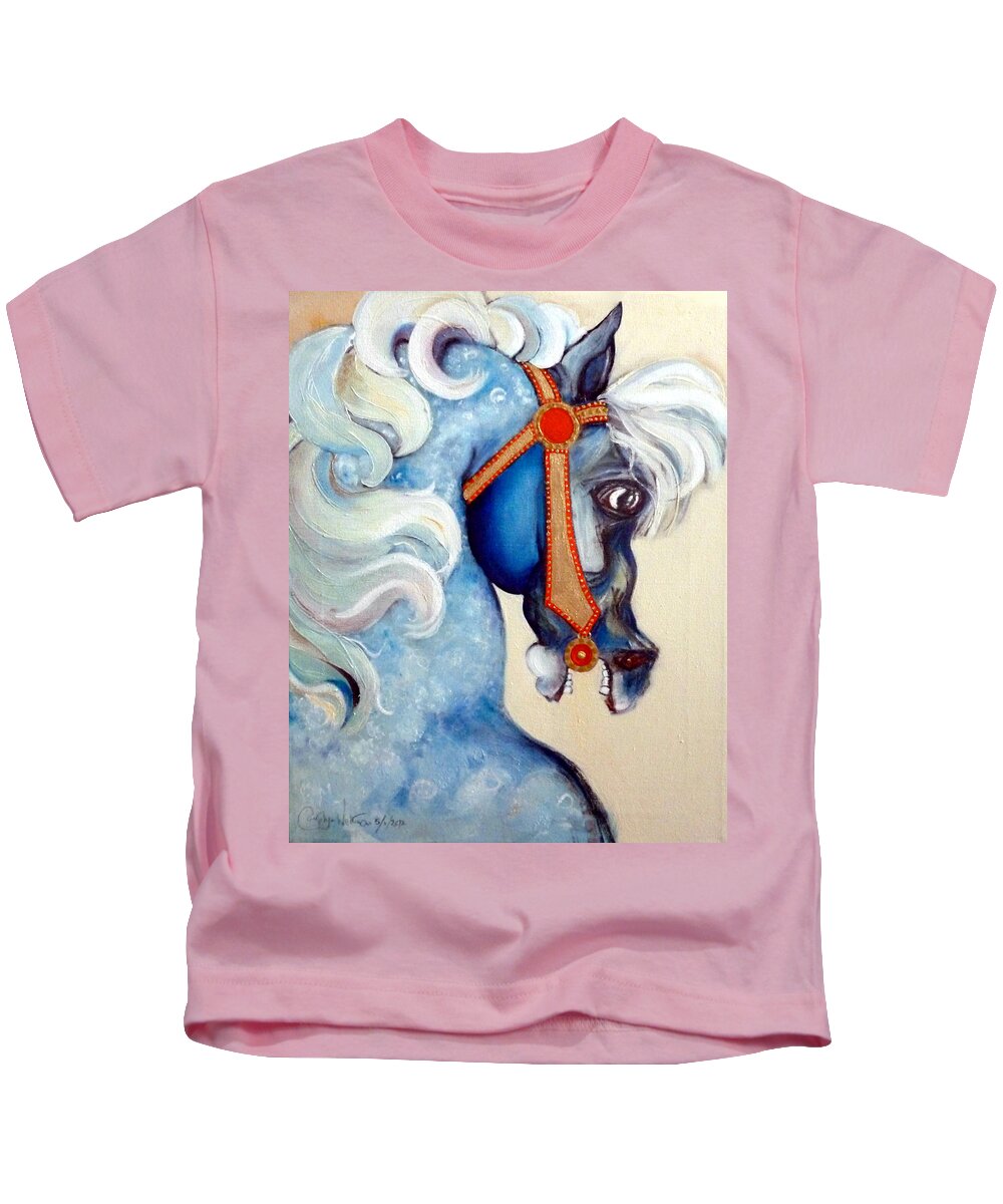 Horse Kids T-Shirt featuring the painting Blue Carousel by Carolyn Weltman