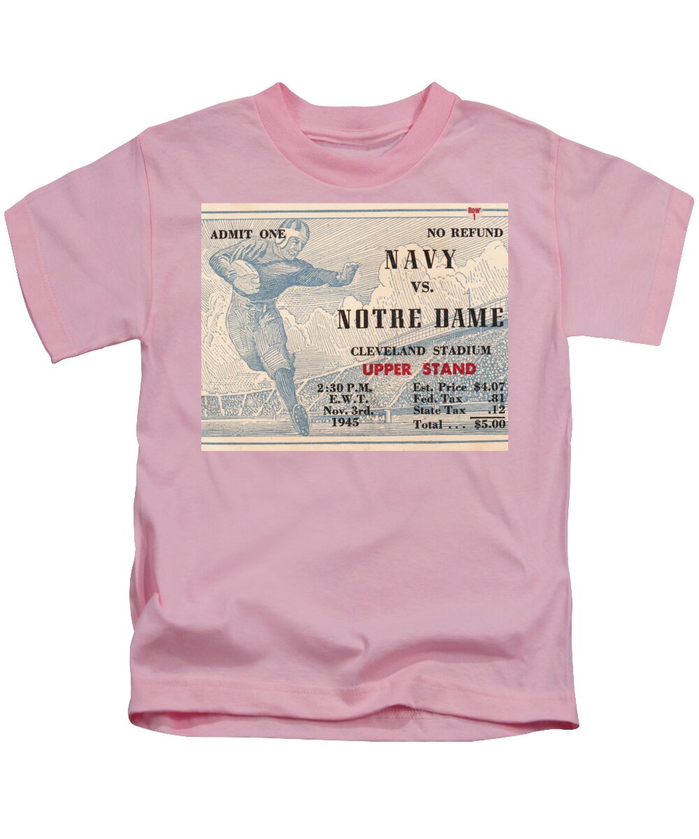Notre Dame Kids T-Shirt featuring the mixed media 1945 Navy vs. Notre Dame Football Ticket Stub Art by Row One Brand
