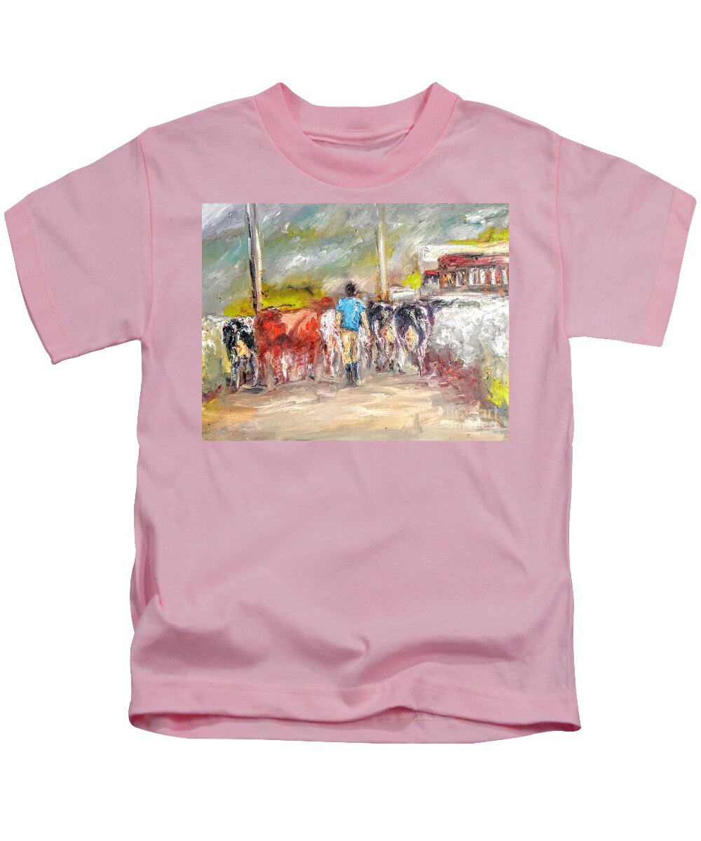 Cows Kids T-Shirt featuring the painting Painting bringing the cows home by Mary Cahalan Lee - aka PIXI