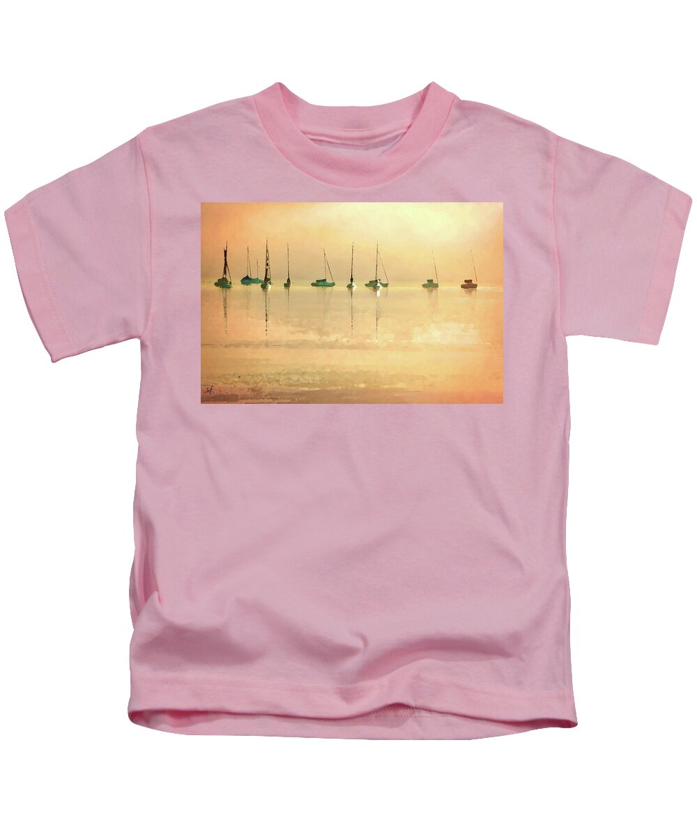 Fishing Boats Kids T-Shirt featuring the mixed media Calm Waters by Shelli Fitzpatrick