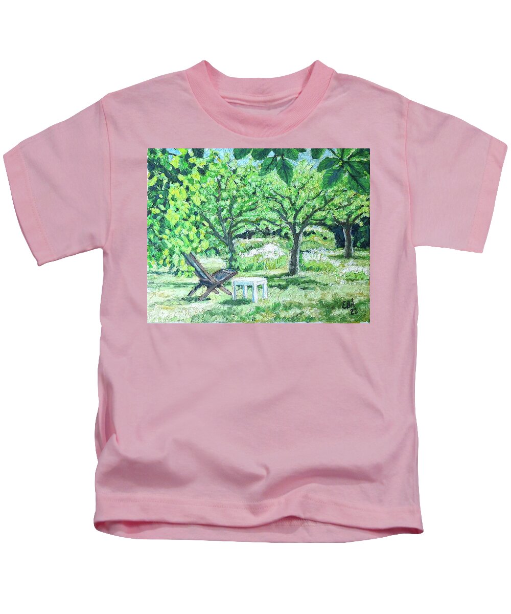 Chair Kids T-Shirt featuring the painting Chair in garden by Elaine Berger