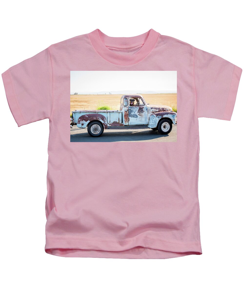 Classic Truck Kids T-Shirt featuring the photograph Classic Truck and Man's best friend by Aileen Savage
