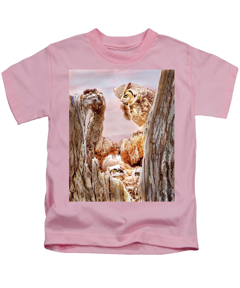 Great Horned Owl Kids T-Shirt featuring the photograph Dinner for the Great Horned Owl Family by Judi Dressler