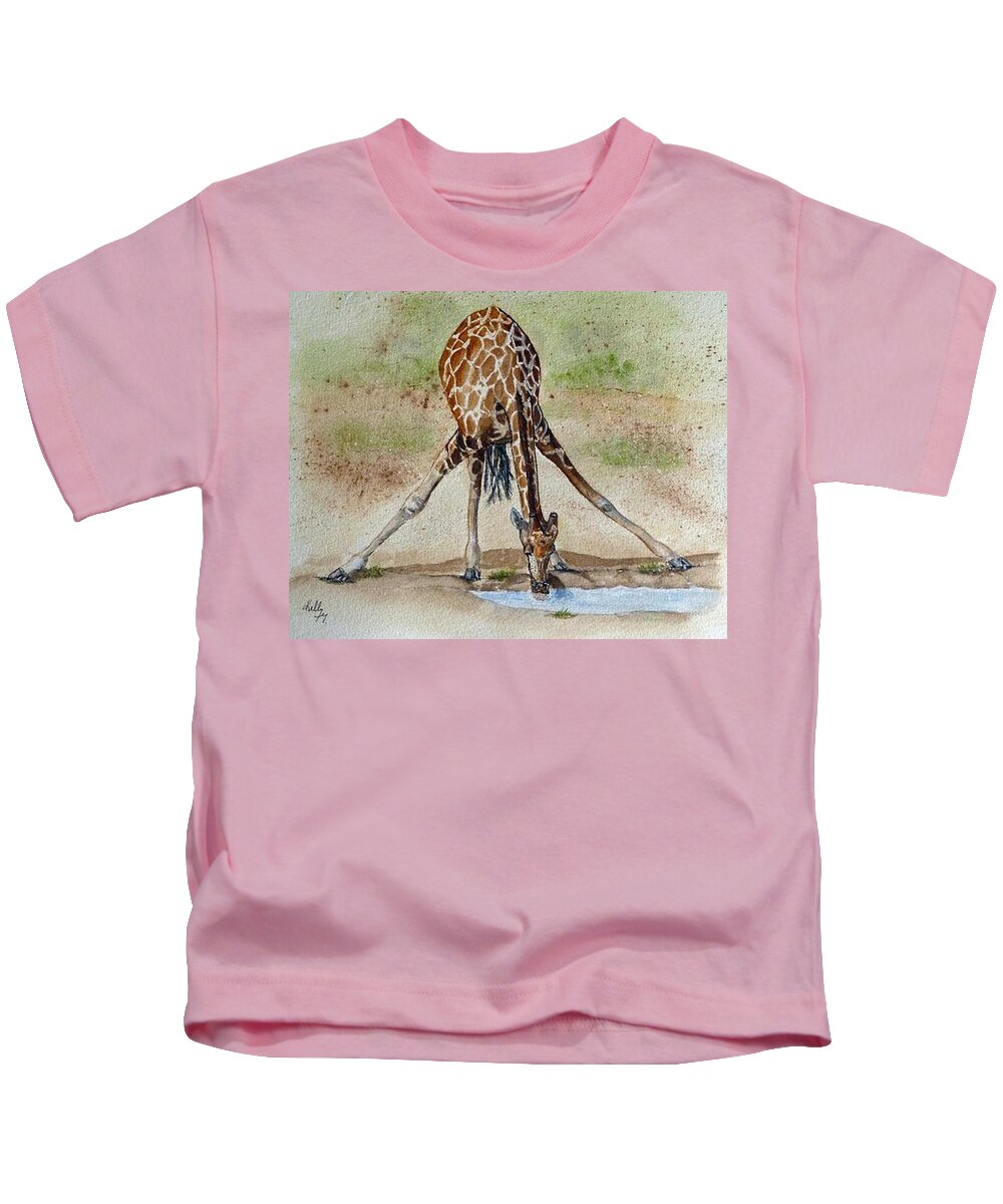 Giraffe Kids T-Shirt featuring the painting Drinking Giraffe by Kelly Mills