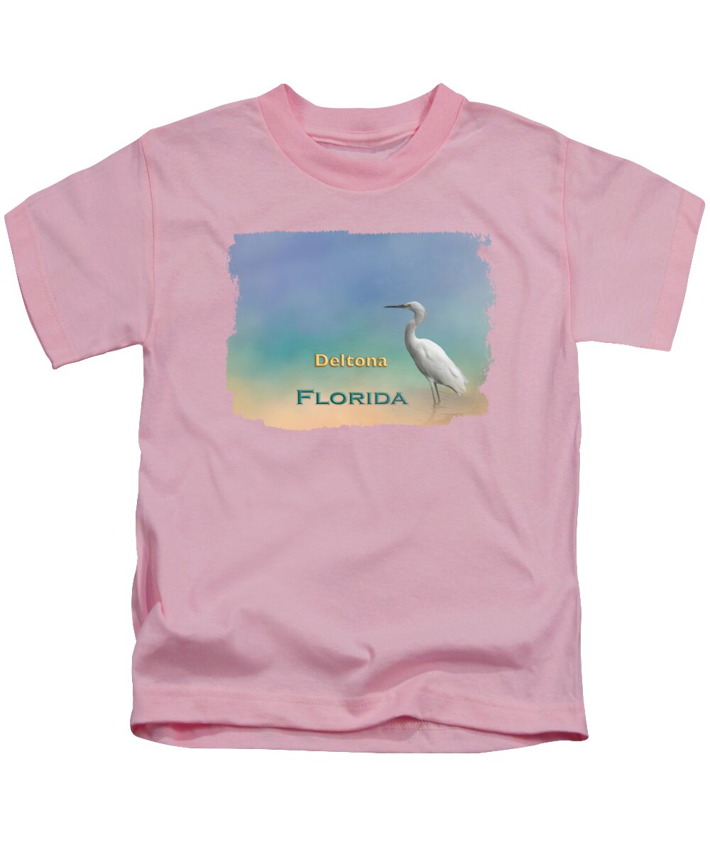 Deltona Kids T-Shirt featuring the mixed media Egret Deltona FL by Elisabeth Lucas