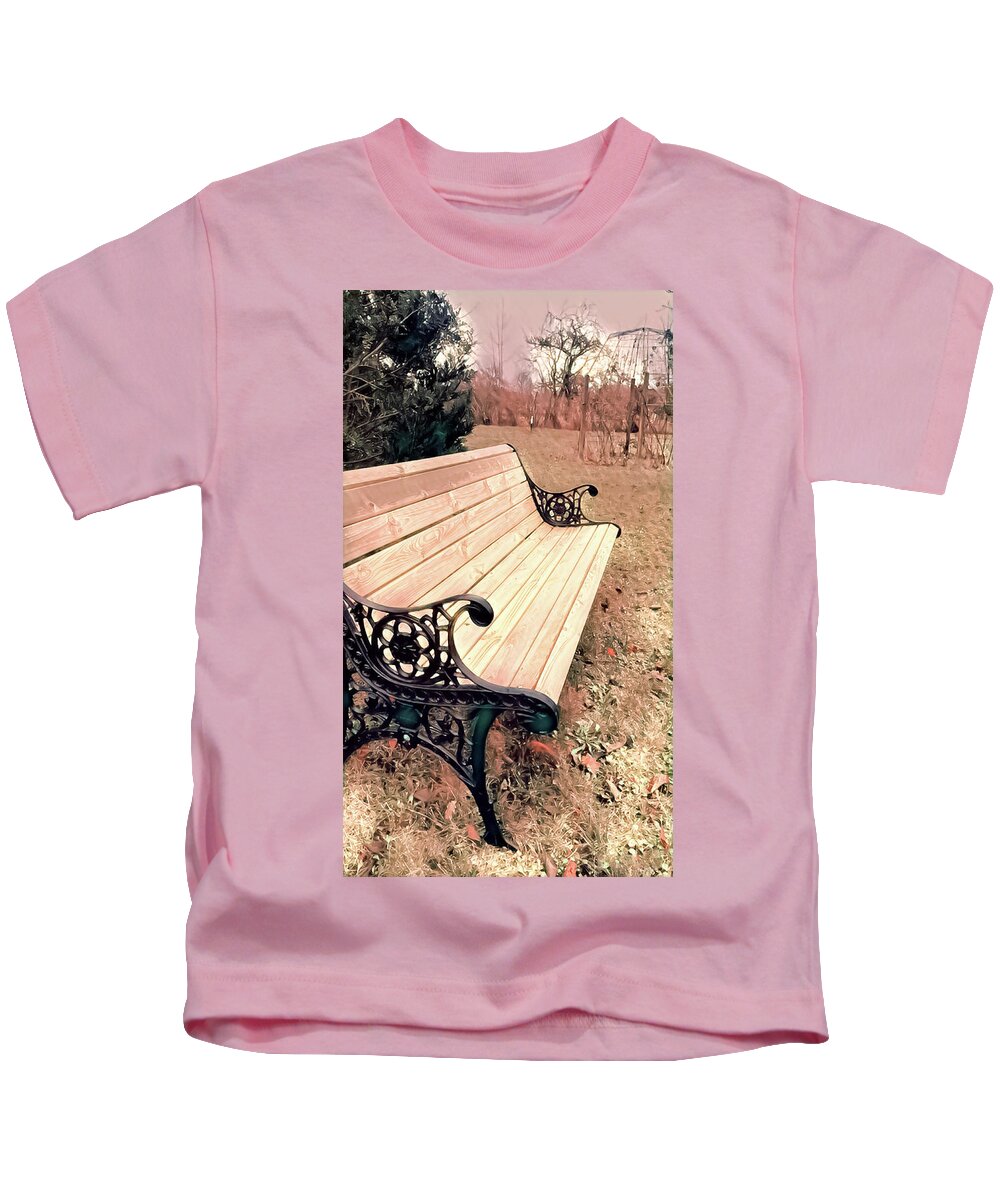 Bench Kids T-Shirt featuring the digital art Empty Bench by Elaine Berger