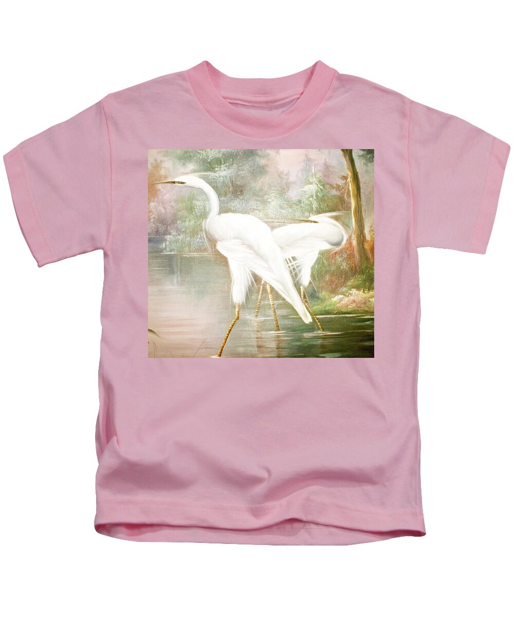 Egret Kids T-Shirt featuring the mixed media Enchanted Lagoon by Susan Hope Finley