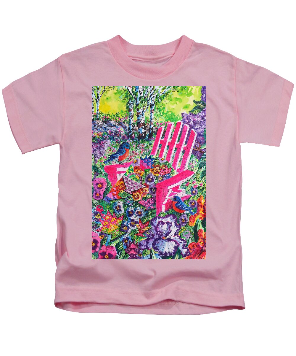 Blue Birds Kids T-Shirt featuring the painting Flower basket Quilt and Bluebirds by Diane Phalen