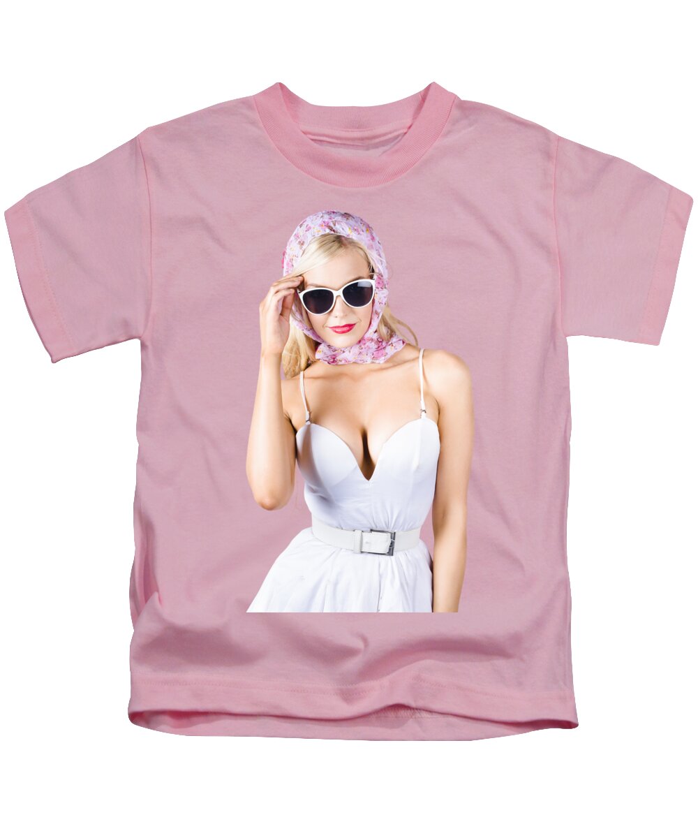 Sixties Kids T-Shirt featuring the photograph Glamorous pinup woman in head scarf by Jorgo Photography