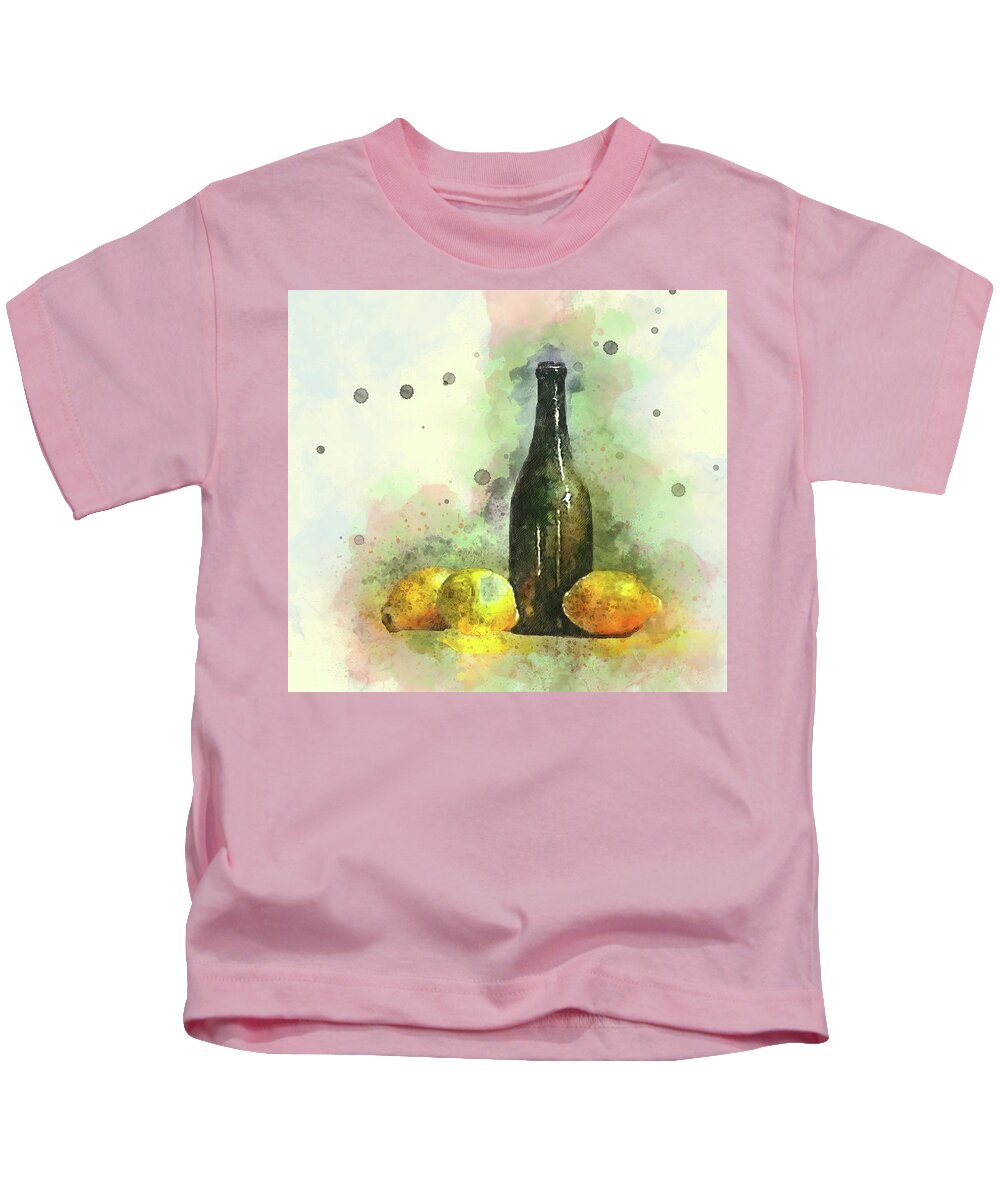 Lemons And Bottle Kids T-Shirt featuring the mixed media Lemons and Bottle by Pheasant Run Gallery