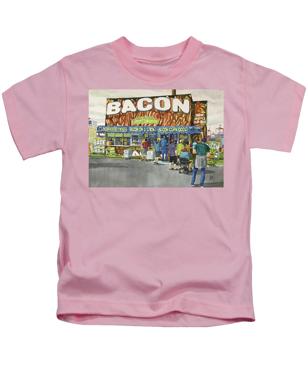 Florida State Fair Kids T-Shirt featuring the painting Makin Bacon at the Florida State Fair 2022 by Mike King