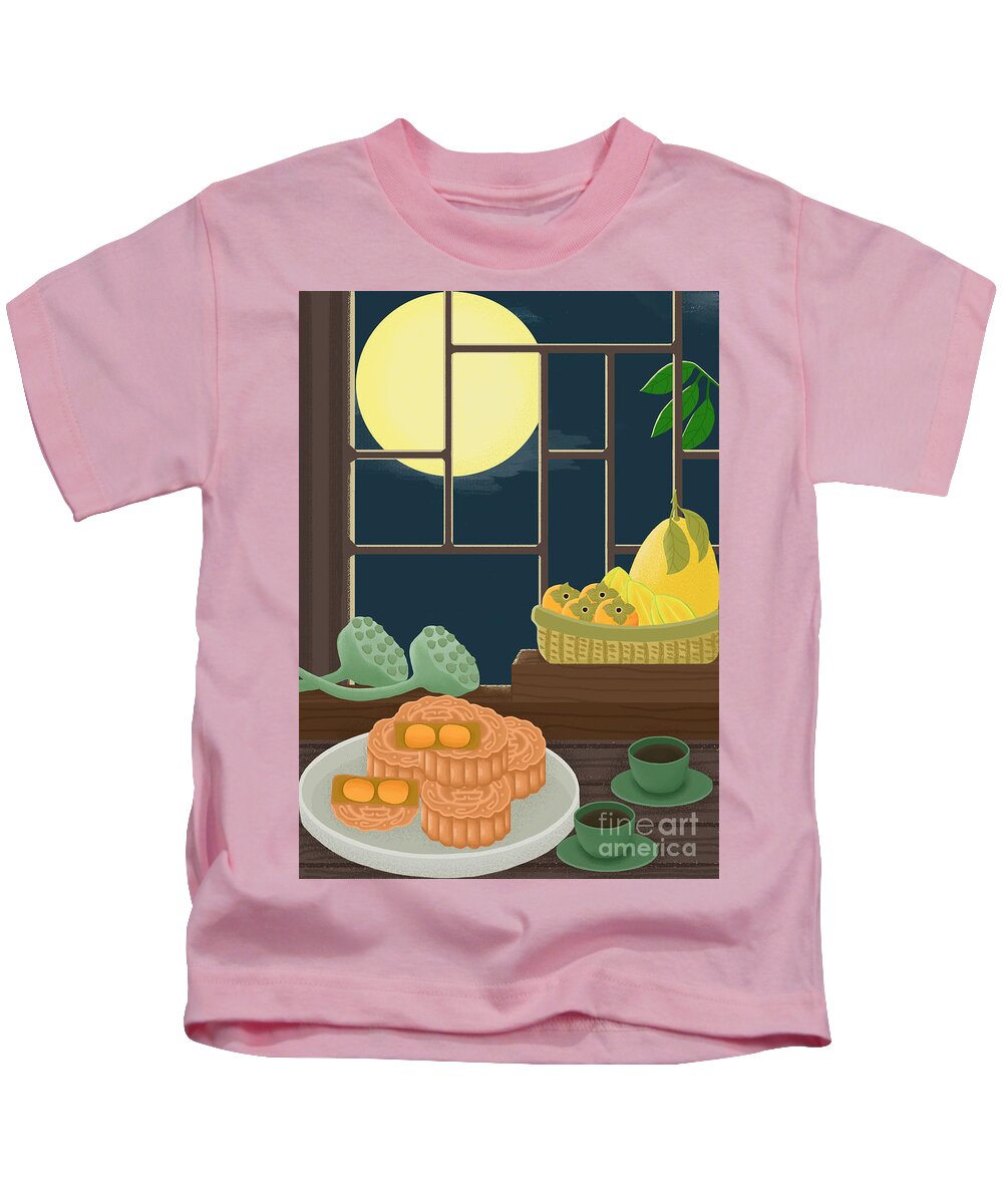 Moon Cakes Kids T-Shirt featuring the drawing Mid-Autumn Festival Moon Cake Illustration by Min Fen Zhu
