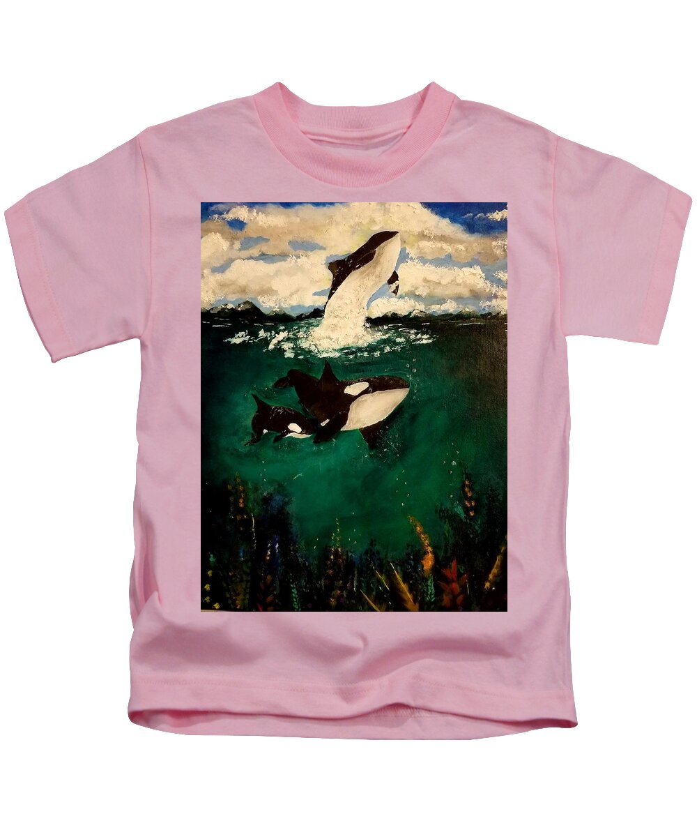 Orcas Kids T-Shirt featuring the painting Orca by Valerie Josi