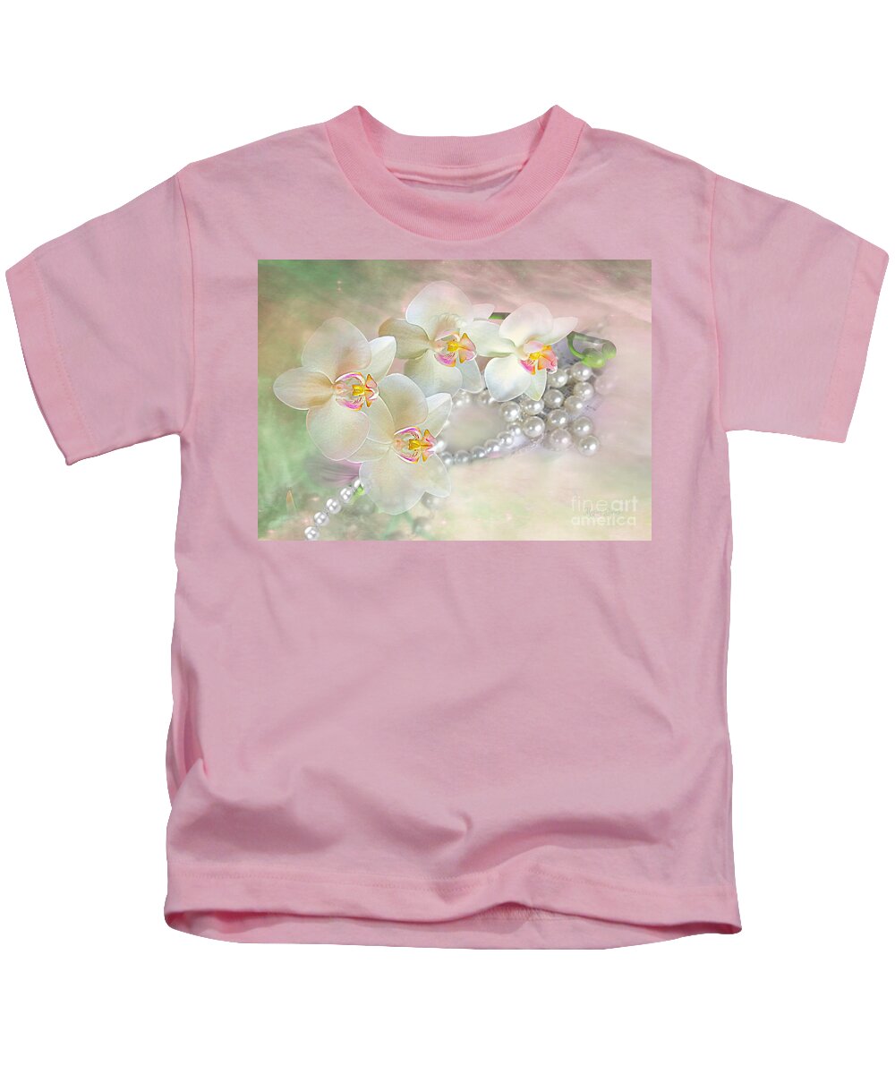 Pearls Kids T-Shirt featuring the mixed media Orchids and Pearls by Morag Bates