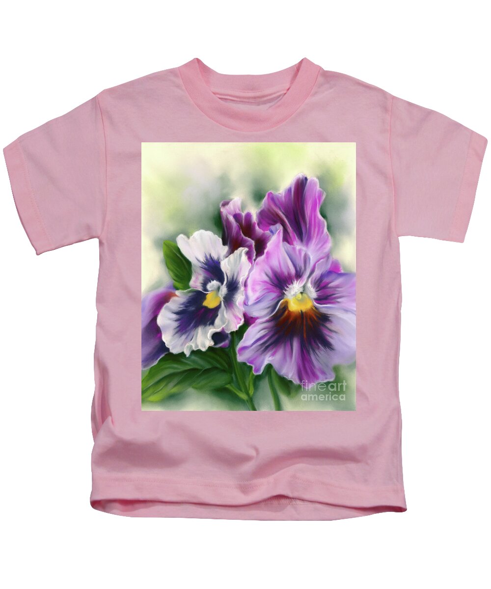 Botanical Kids T-Shirt featuring the painting Pretty Pansy Flowers and Leaves by MM Anderson