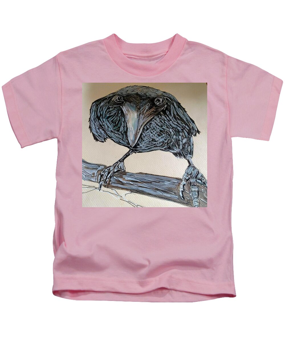 Raven Kids T-Shirt featuring the mixed media Raven's stare by Marysue Ryan