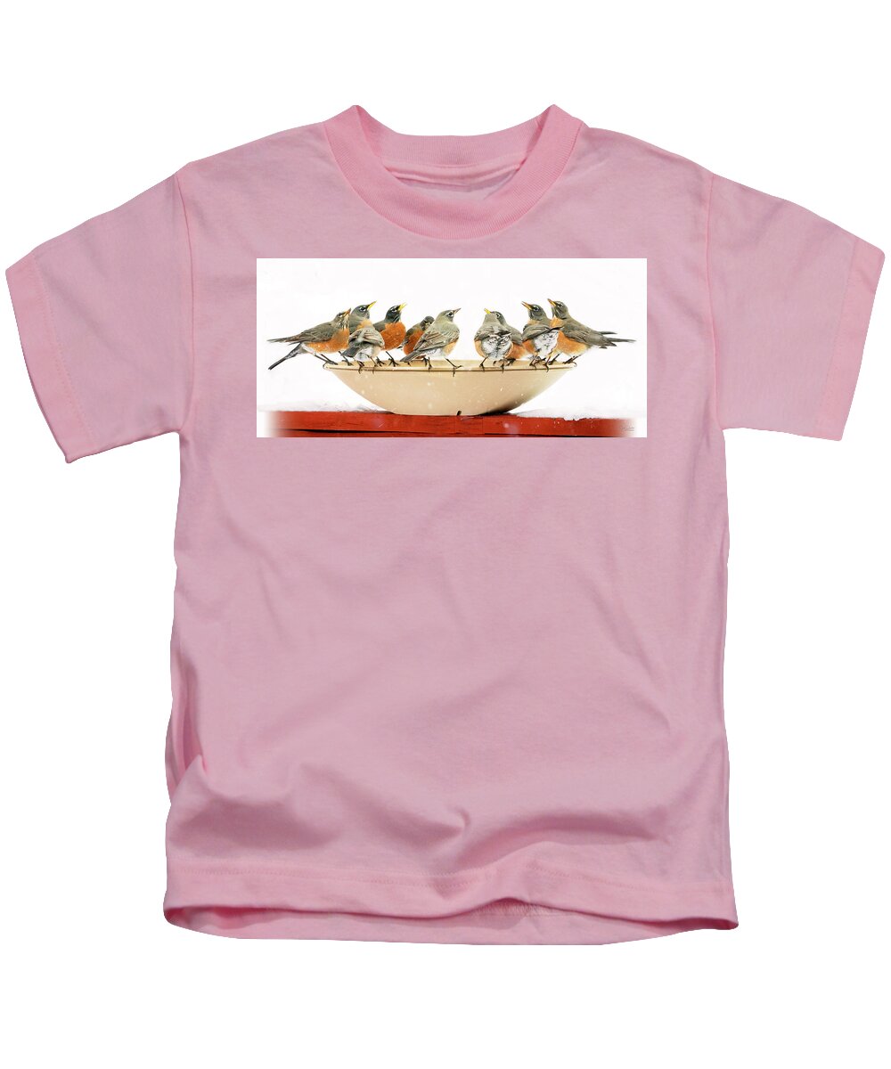 Robins Kids T-Shirt featuring the photograph Robin Convention by Judi Dressler