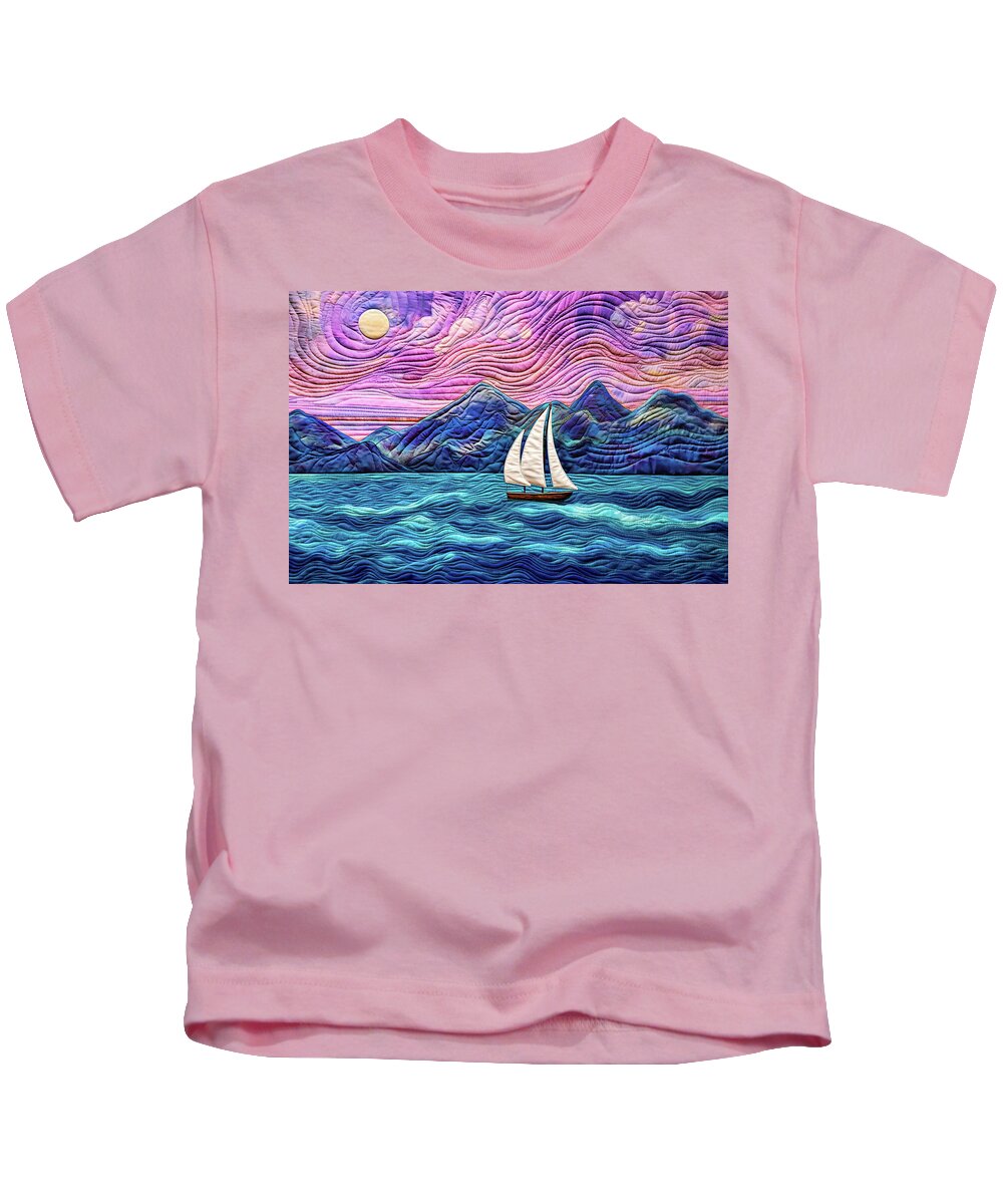 Sailing Kids T-Shirt featuring the digital art Sailing the Ocean Blue - Quilted Effect by Peggy Collins