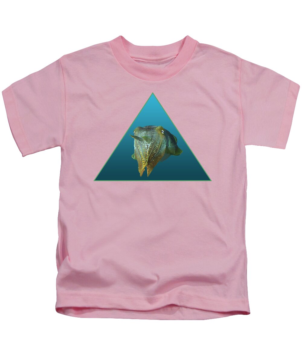 Sepia Kids T-Shirt featuring the mixed media Sepia - Magnificent portraiture of cuttlefish on gradient blue - by Ute Niemann