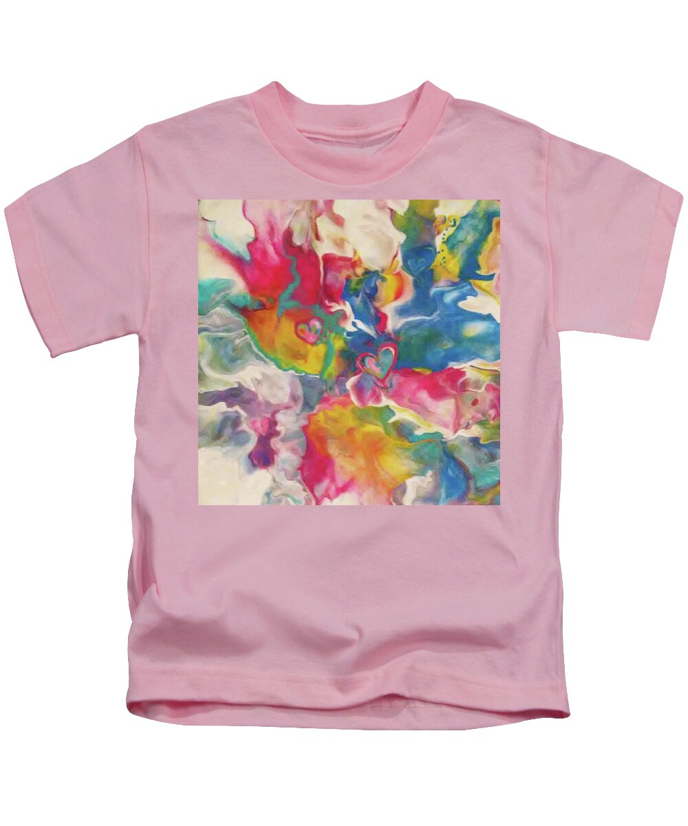 Colorful Abstract Acrylic Hearts Kids T-Shirt featuring the painting Sound Of Sun by Deborah Erlandson