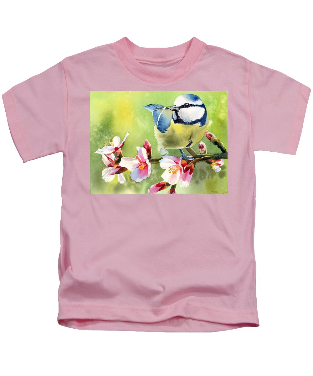 Blue Tit Kids T-Shirt featuring the painting Spring Twittering by Espero Art