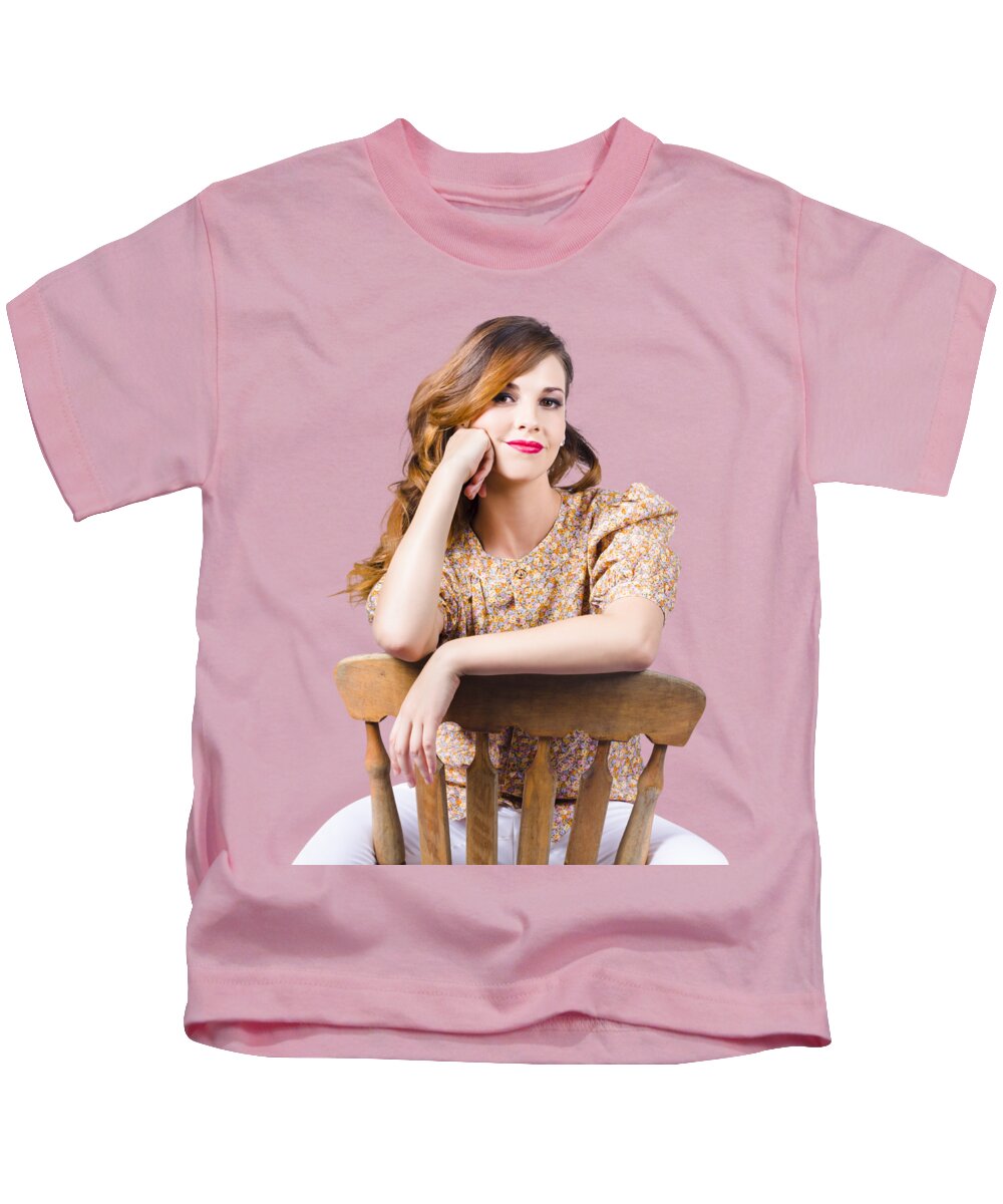 Hairstyles Kids T-Shirt featuring the photograph Stylish girl at rest on antique chair by Jorgo Photography