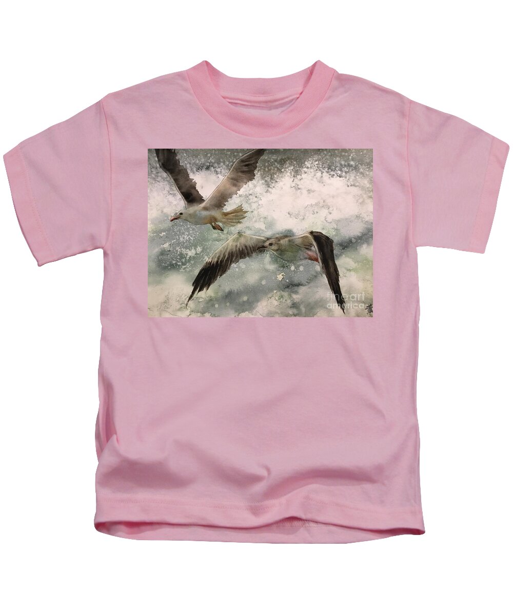 It Is The Transparent Watercolor Painting Kids T-Shirt featuring the painting The seagulls by Han in Huang wong