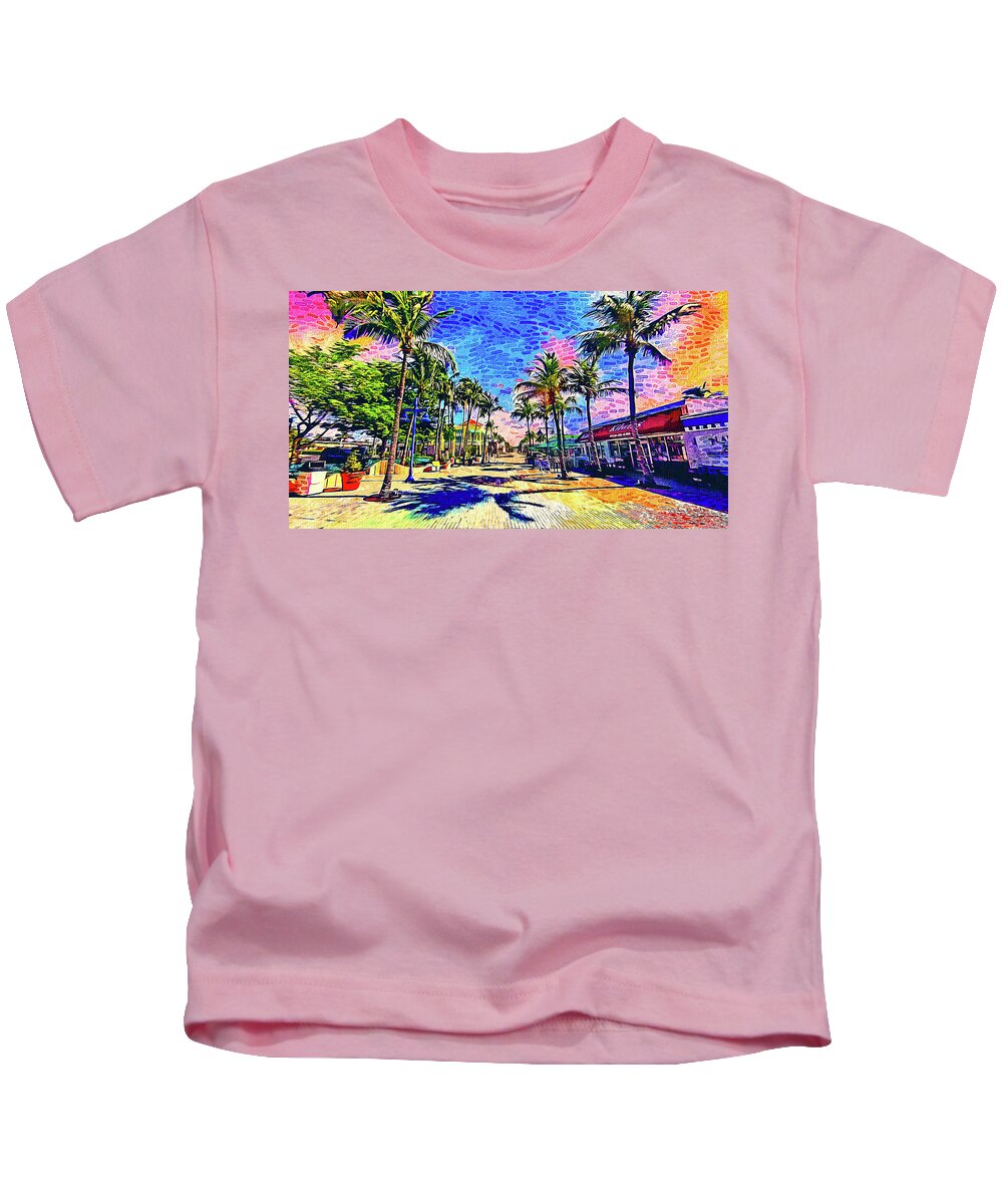 Fort Myers Kids T-Shirt featuring the digital art Times Square, Fort Myers, at sunrise - impressionist painting by Nicko Prints