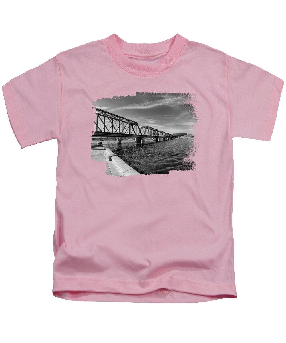 Tempe Kids T-Shirt featuring the photograph Train Bridge across Tempe Town Lake BW by Elisabeth Lucas