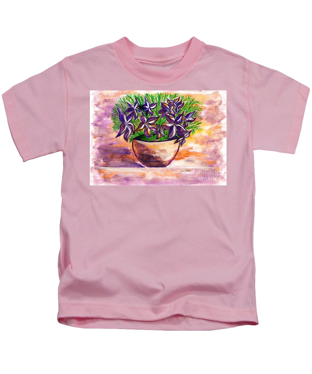 Violets Kids T-Shirt featuring the painting Violets in a Basket for You My Love by Ramona Matei