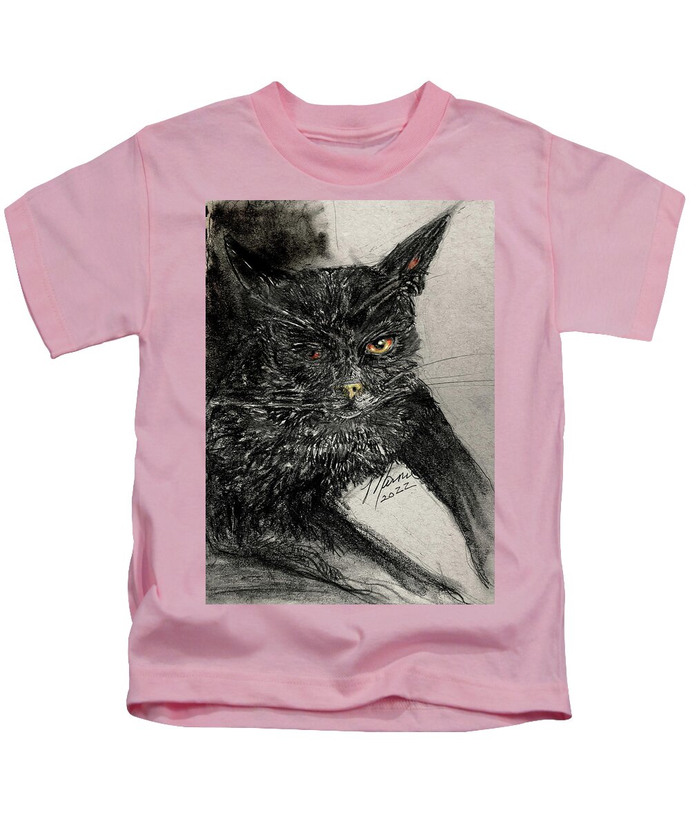Black Cat Kids T-Shirt featuring the drawing Watching you by Marnie Clark