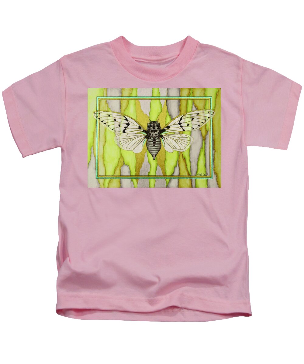 Kim Mcclinton Kids T-Shirt featuring the mixed media White Ghost Cicada by Kim McClinton