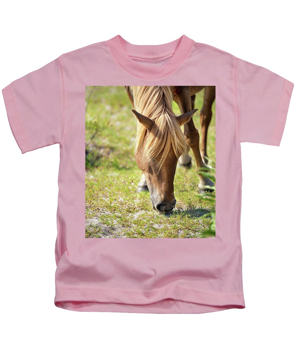 Greener Pastures Kids T-Shirt featuring the photograph Wild Horse - Flaxen Chestnut by Rehna George