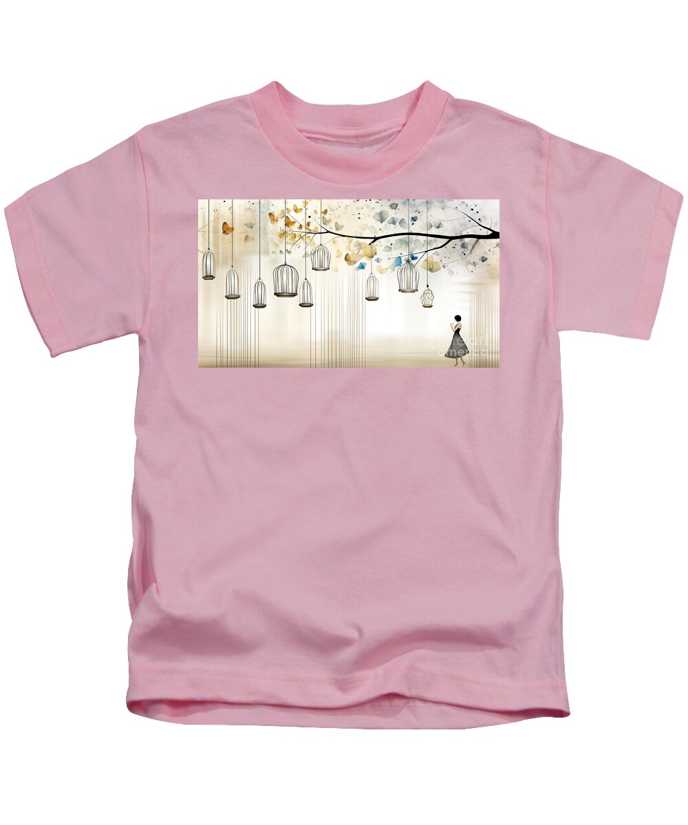 Lady Kids T-Shirt featuring the digital art Woman and the birdcages by Odon Czintos