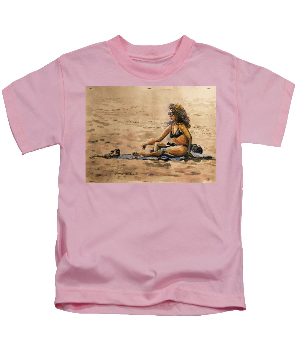  Kids T-Shirt featuring the painting Woman on Beach by Douglas Jerving