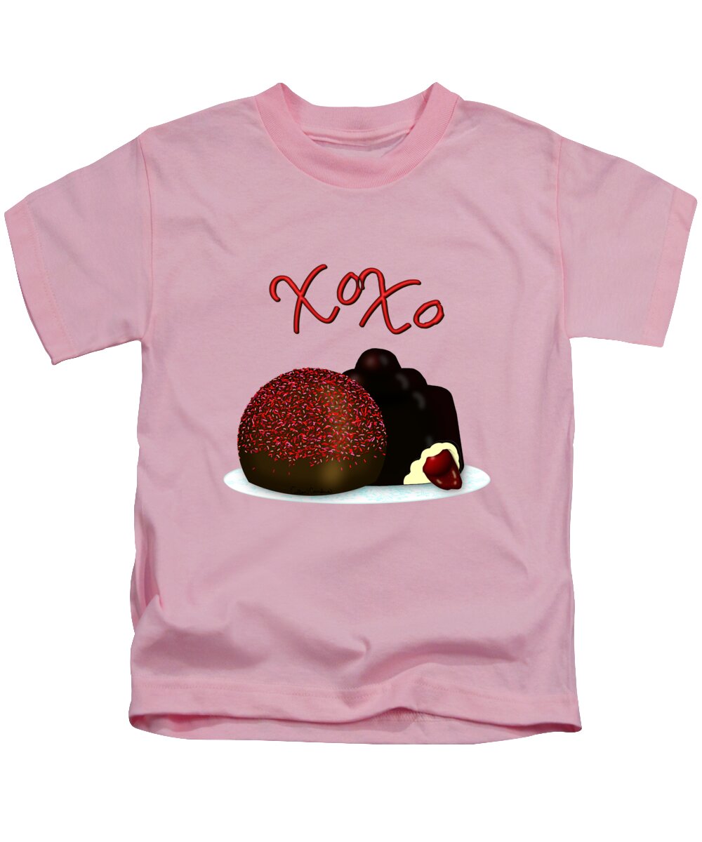 Assorted Chocolates Kids T-Shirt featuring the digital art XOXO Valentine Bonbon and Dark Chocolate Covered Cherry by Colleen Cornelius
