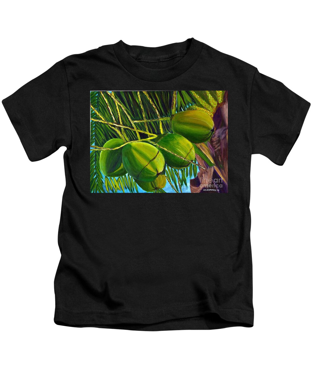 Coconuts Kids T-Shirt featuring the painting Coconuts at sunset by Laura Forde