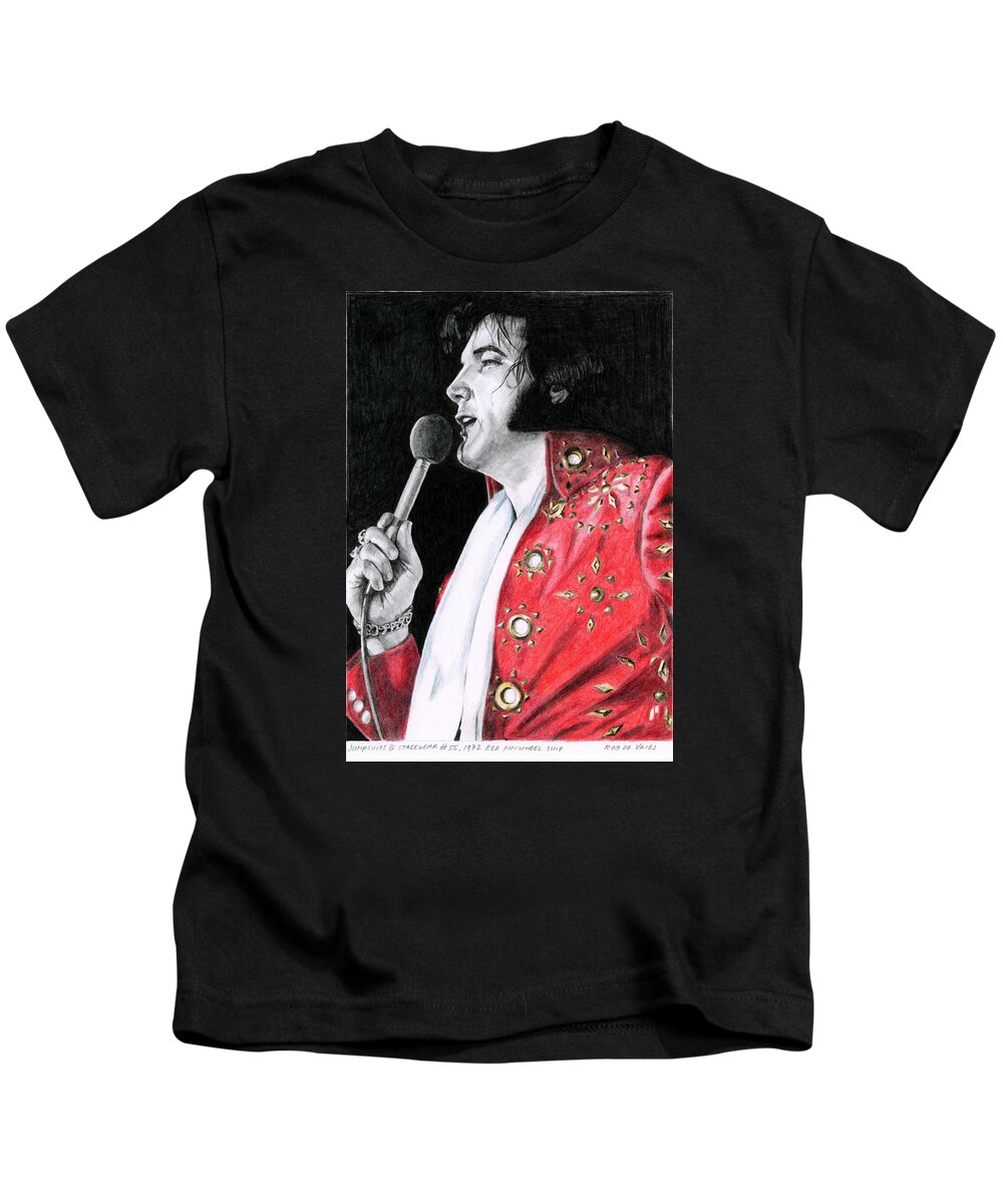 Elvis Kids T-Shirt featuring the drawing 1972 Red Pinwheel Suit by Rob De Vries