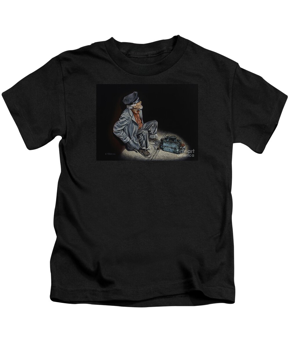 Shoeshiner Kids T-Shirt featuring the painting Empty Pockets #1 by Ricardo Chavez-Mendez