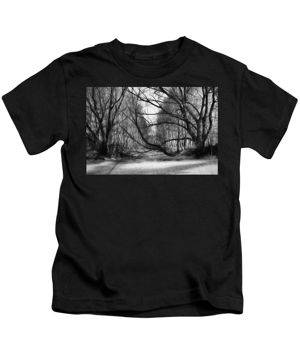 Black And White Kids T-Shirt featuring the photograph 9 Black and white artistic painterly icy entrance blocked by braches by Leif Sohlman