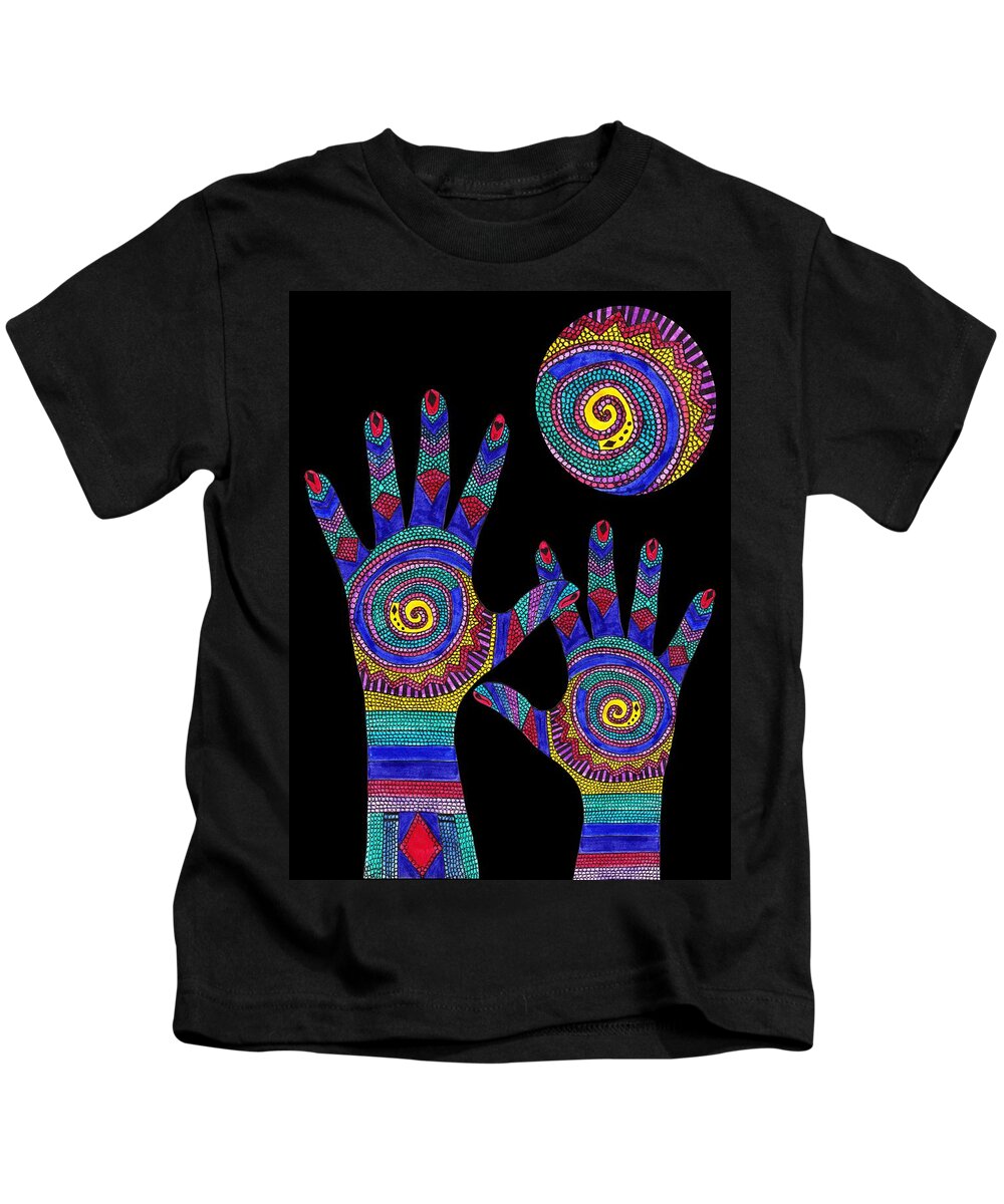 Aboriginal Hands To The Sun Kids T-Shirt featuring the drawing Aboriginal Hands to the Sun by Barbara St Jean