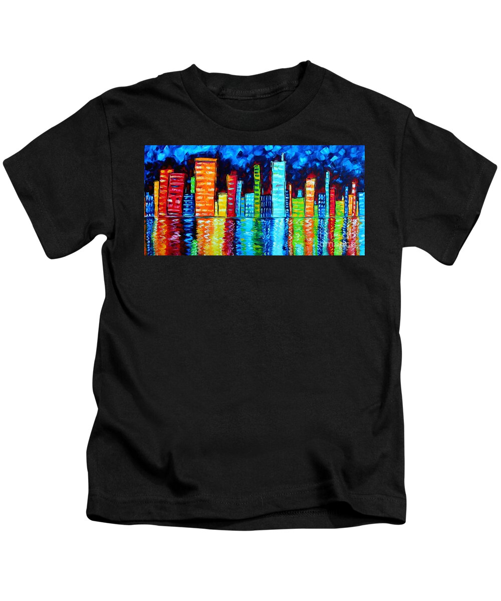 Abstract Kids T-Shirt featuring the painting Abstract Art Landscape City Cityscape Textured Painting CITY NIGHTS II by MADART by Megan Aroon
