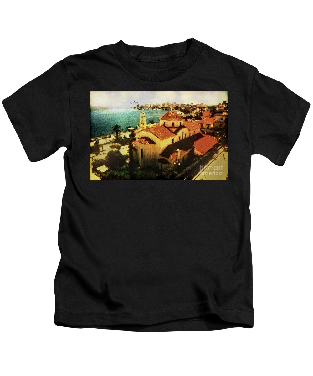  Kids T-Shirt featuring the digital art Albanian Riviera Sarande by Lianne Schneider