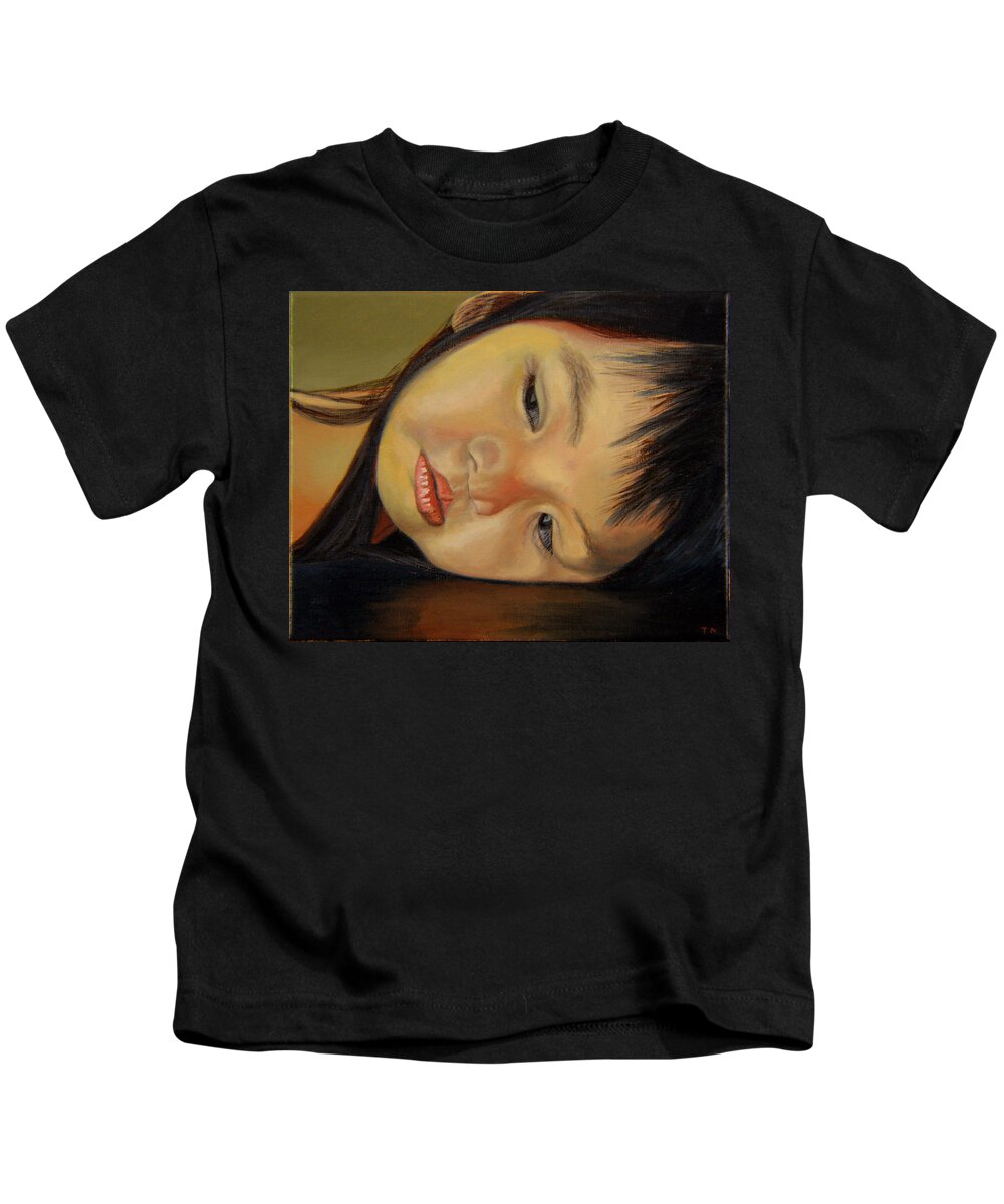Child Painting Kids T-Shirt featuring the painting Amelie-An 12 by Thu Nguyen