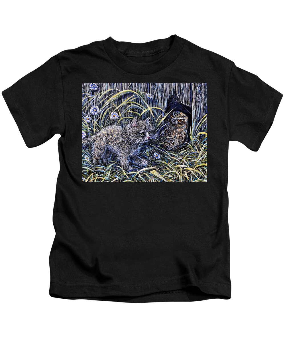 Kitten Kids T-Shirt featuring the painting And The Grasshopper Says.. Owl Be Seeing U by Gail Butler