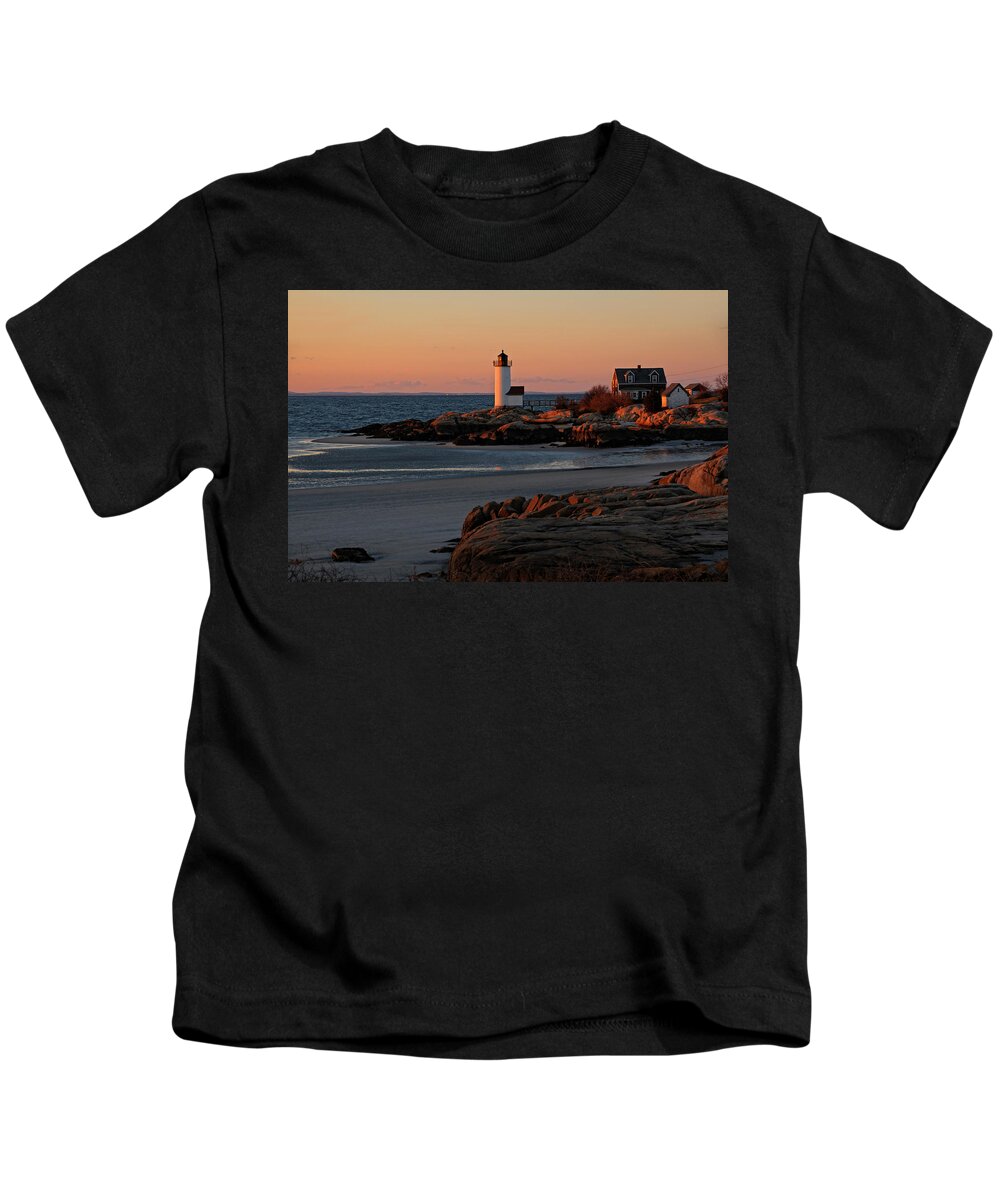Annisquam Lighthouse Kids T-Shirt featuring the photograph Annisquam Lighthouse At Sunset by Liz Mackney