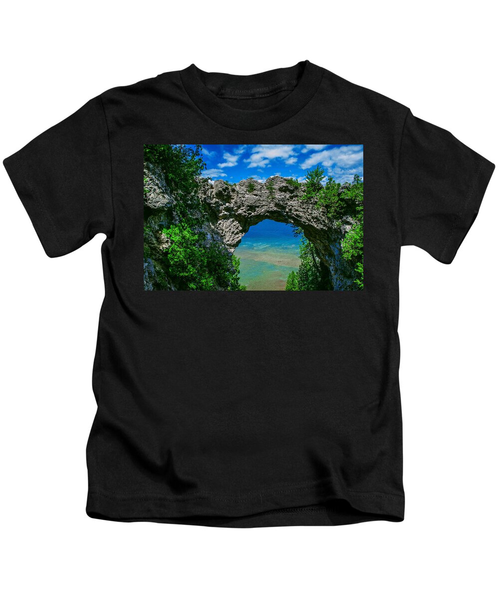 Arch Rock Kids T-Shirt featuring the pyrography Arch Rock by Rick Bartrand
