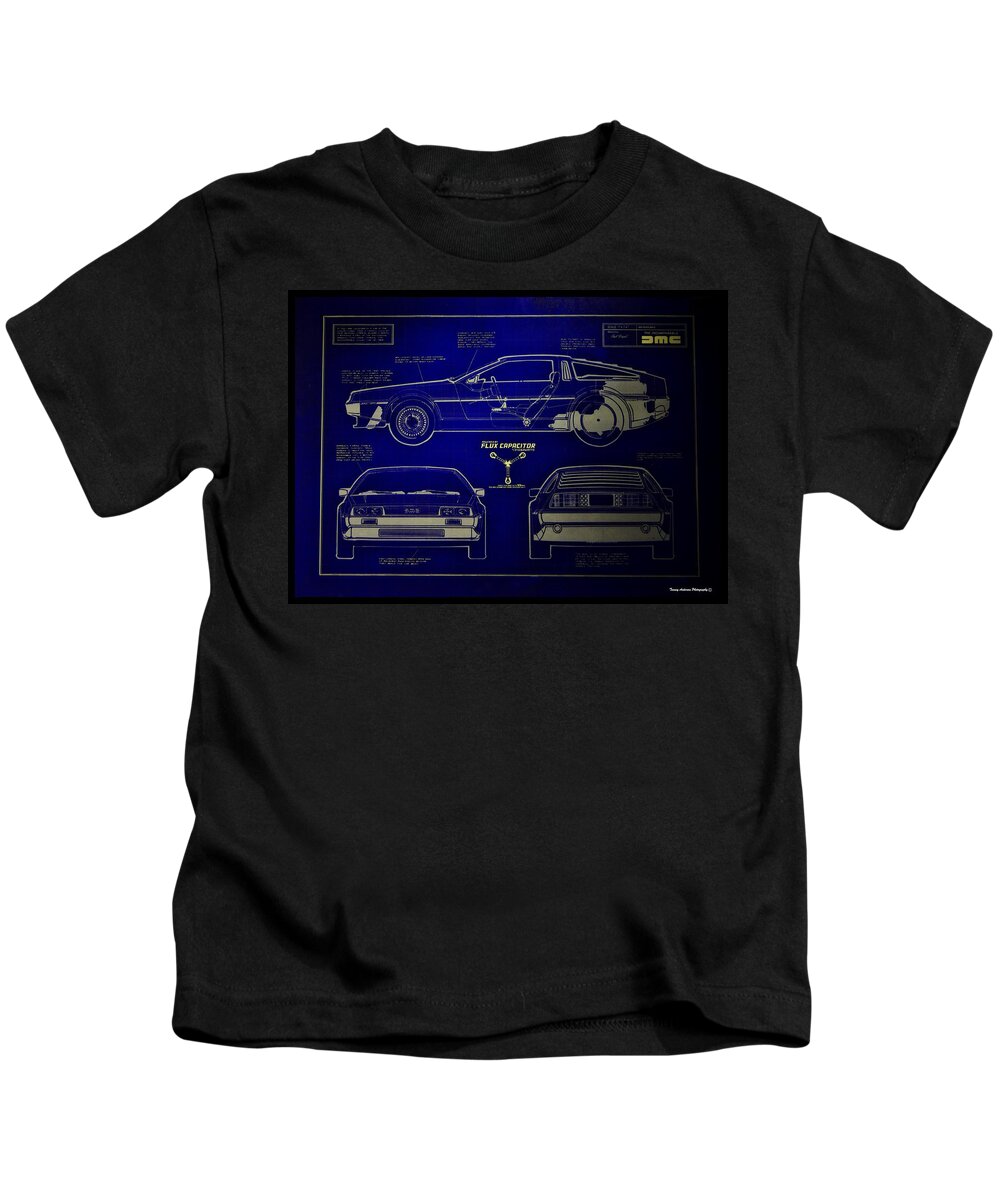 Delorean Kids T-Shirt featuring the photograph Back to the Future DeLorean Blueprint 2 by Tommy Anderson
