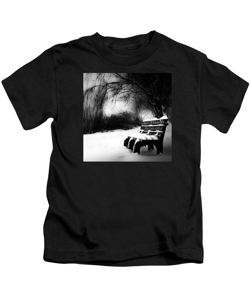 Bench Kids T-Shirt featuring the photograph Bench On The Riverside by Michael Arend