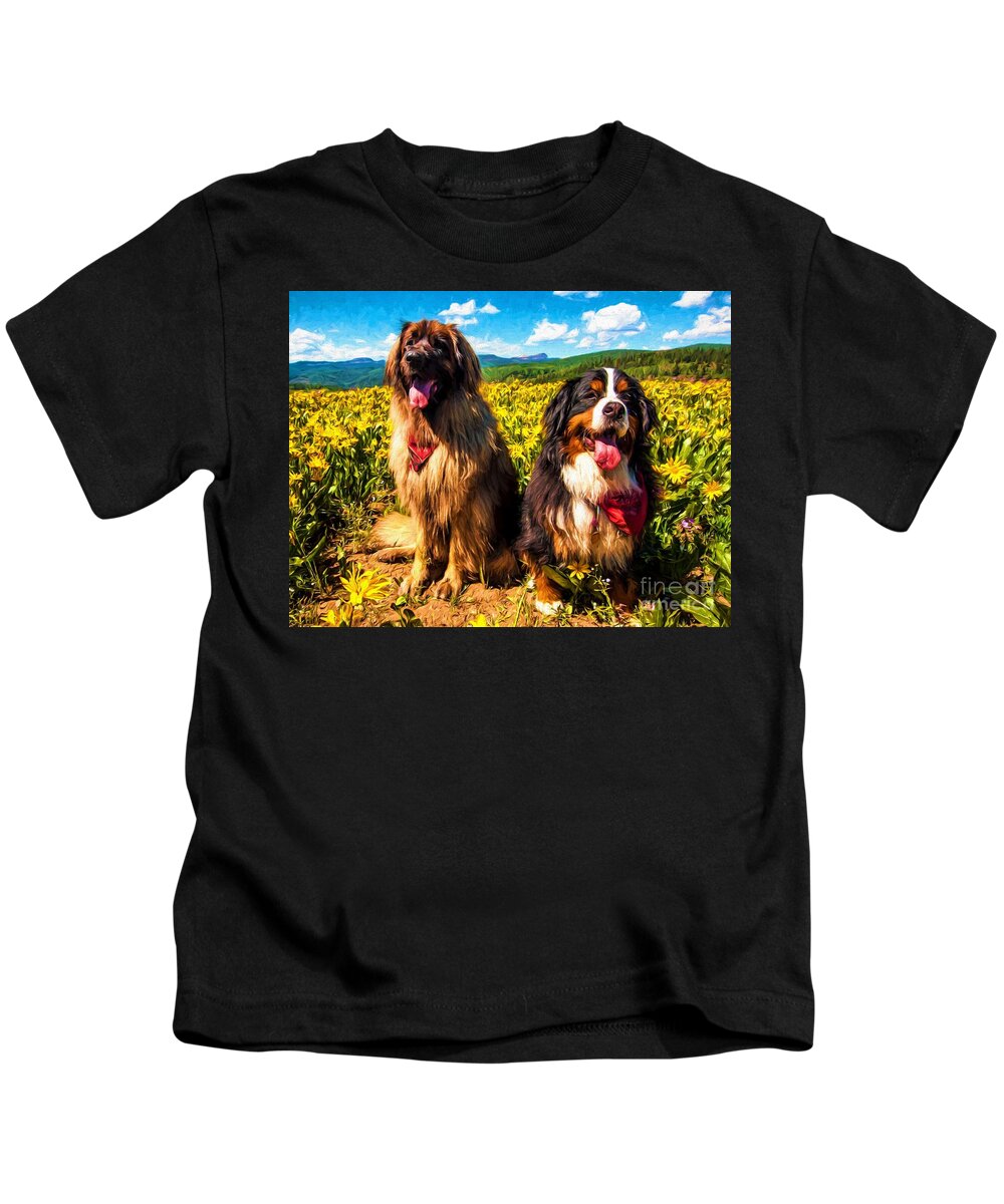 Bernese Mountain Dog Kids T-Shirt featuring the painting Bernese Mountain Dog and Leonberger Among Wildflowers by Gary Whitton